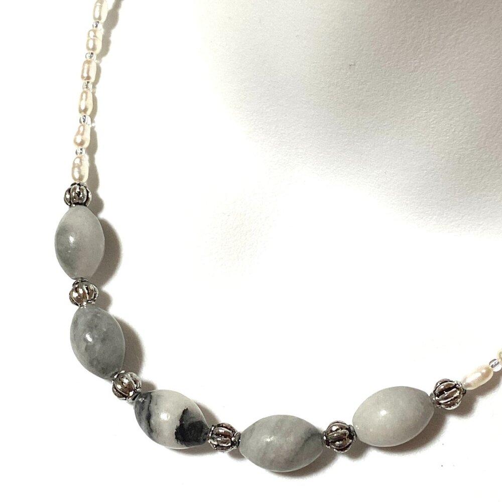 Genuine Grey Anhydrite & White Freshwater Pearl Bib Necklace, Natural Gemstone